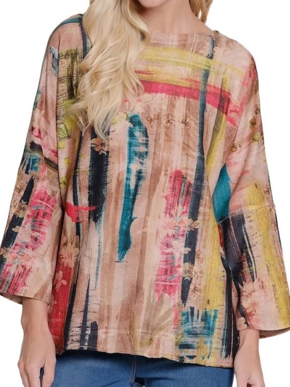 Ali Miles Womens XL Chenille Tunic Blouse Tan Multi Floral Round Neck 3/4 Sleeve
